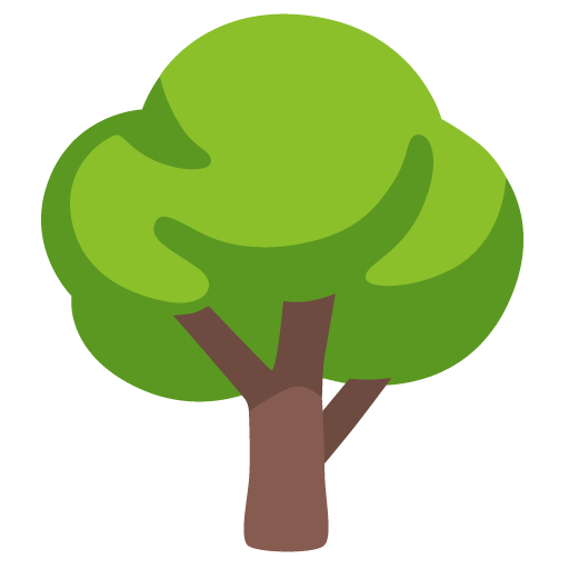Cartoon tree with a rounded bright green canopy and brown trunk.