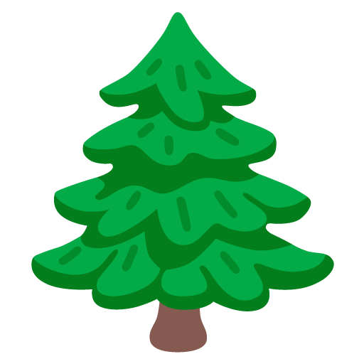 Cartoon evergreen tree with layered green branches and a brown trunk.