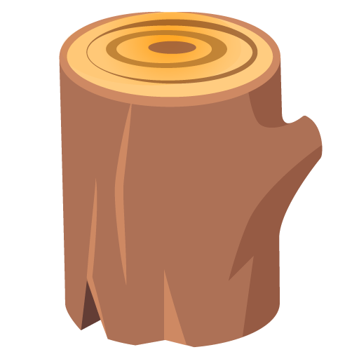 Brown tree stump with visible growth rings on the top surface and jagged edges at the base.